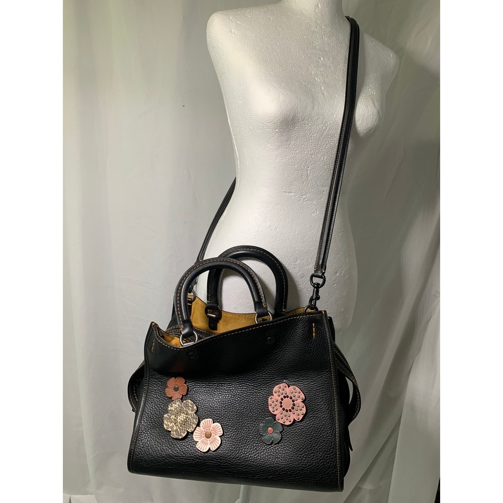 Coach Rogue 31 Black Glovetanned Pebble Leather Tea Rose Floral Satchel Bag - Picture 2 of 16